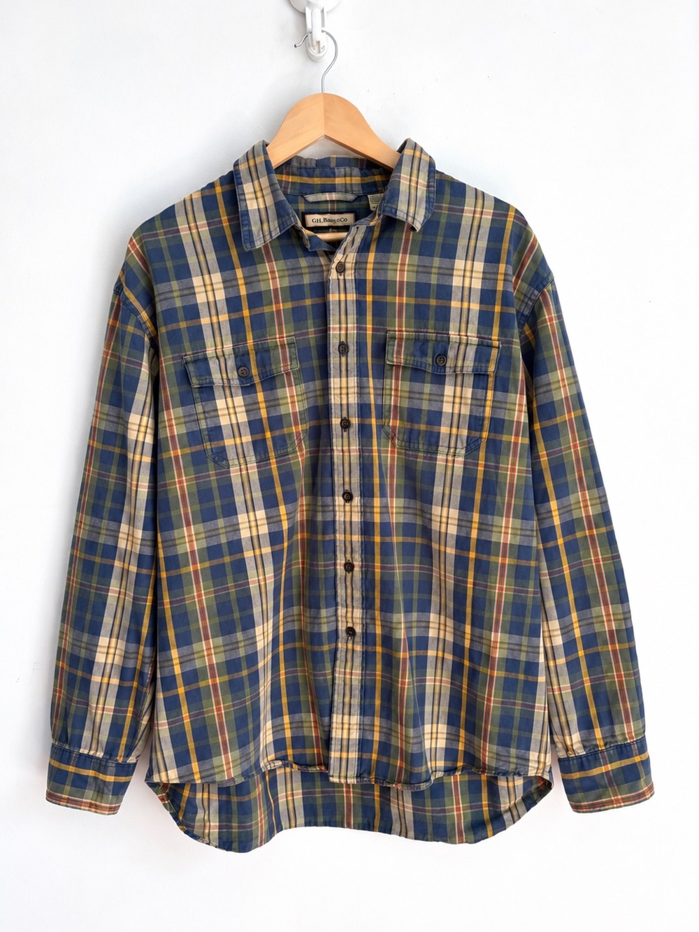 G.H. Bass & Co Grunge Blue Green Plaid Cotton Twill Utility Shirt XL